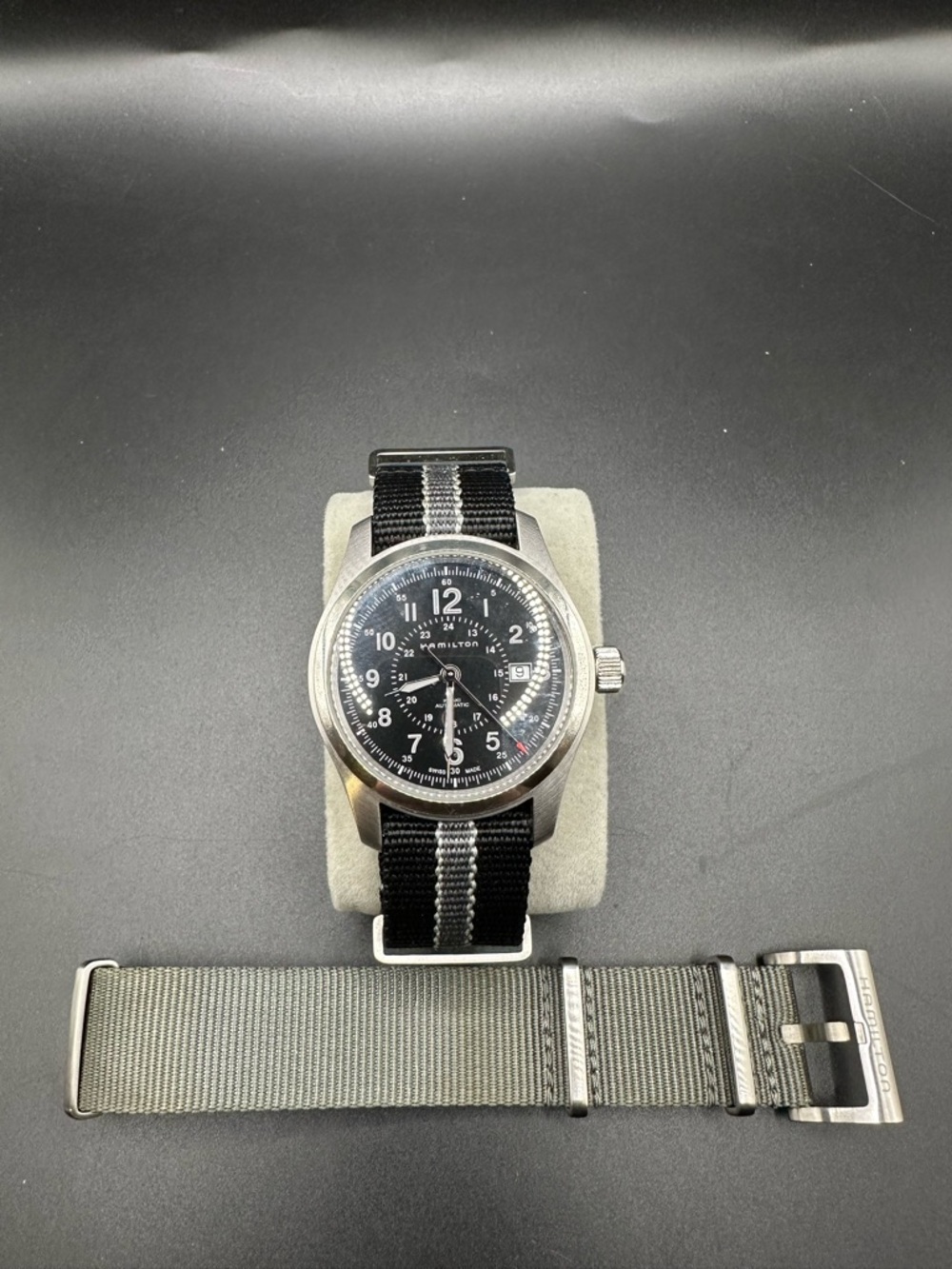 Hamilton Black Dial Field Watch with Black and Gray NATO Straps